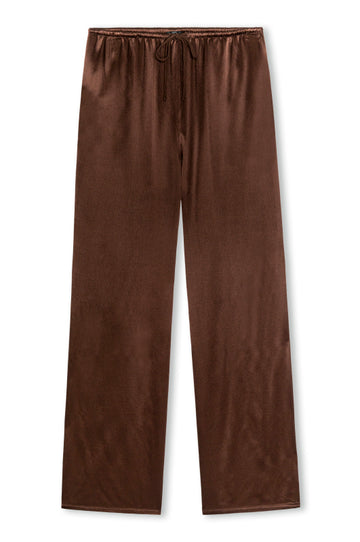 A pair of brown lounge pants with a drawstring waist, displayed flat against a plain white background.