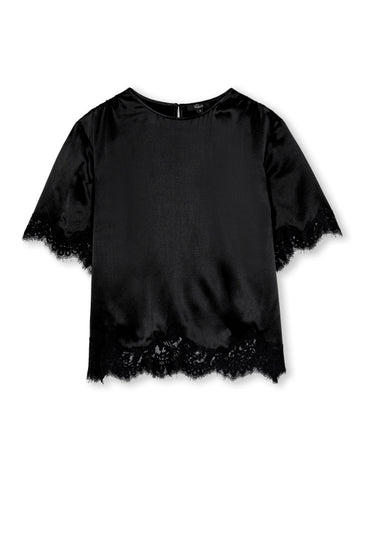 A black short-sleeve top with sheer lace trim at the cuffs and hem, displayed against a plain white background.
