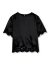 A black short-sleeve top with sheer lace trim at the cuffs and hem, displayed against a plain white background.