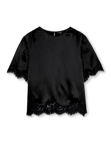 A black short-sleeve top with sheer lace trim at the cuffs and hem, displayed against a plain white background.