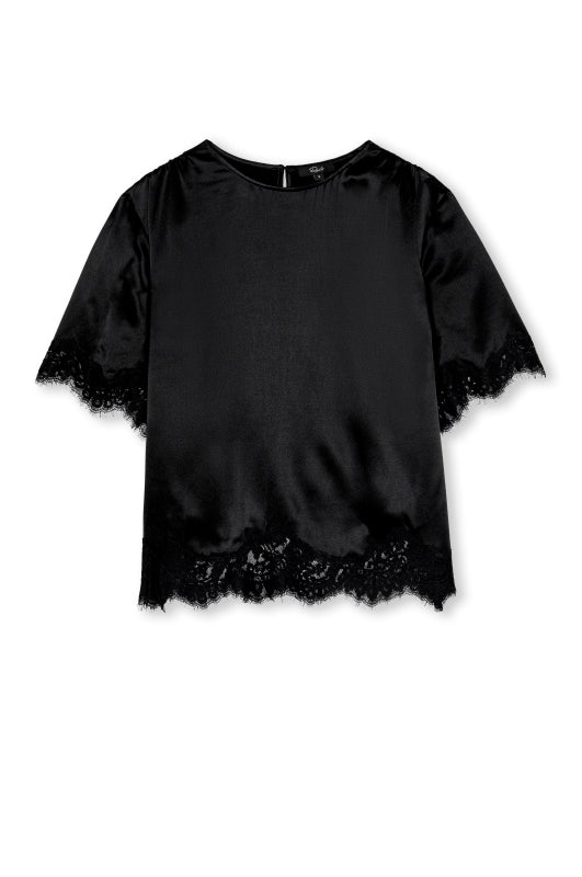 A black short-sleeve top with sheer lace trim at the cuffs and hem, displayed against a plain white background.