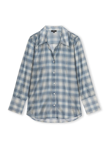 A long-sleeve button-up shirt with a light blue and white plaid pattern, displayed flat against a plain white background.