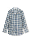 A long-sleeve button-up shirt with a light blue and white plaid pattern, displayed flat against a plain white background.