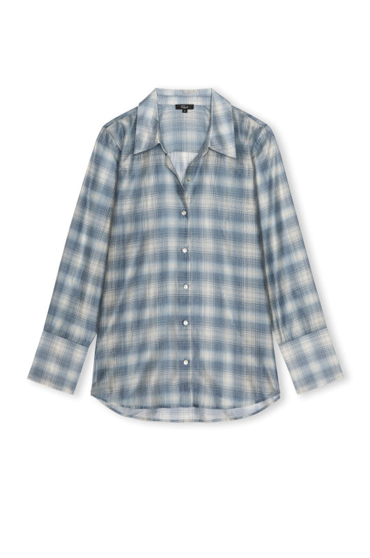 A long-sleeve button-up shirt with a light blue and white plaid pattern, displayed flat against a plain white background.