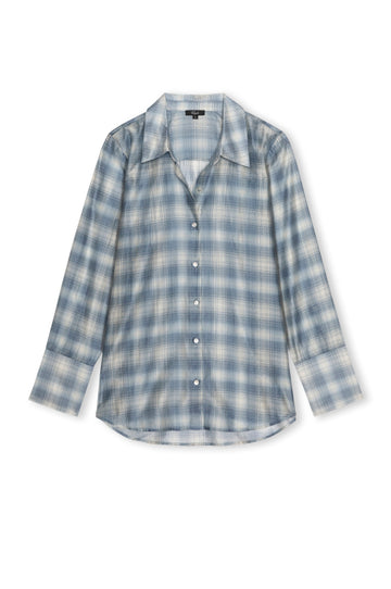 A long-sleeve button-up shirt with a light blue and white plaid pattern, displayed flat against a plain white background.