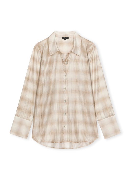 A long-sleeve button-up shirt in a beige and cream plaid pattern, shown flat against a plain white background.