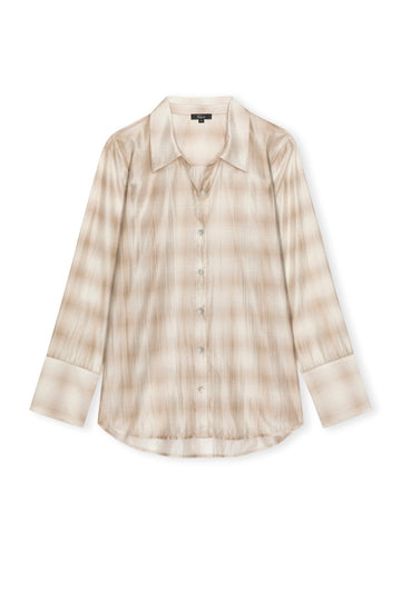 A long-sleeve button-up shirt in a beige and cream plaid pattern, shown flat against a plain white background.