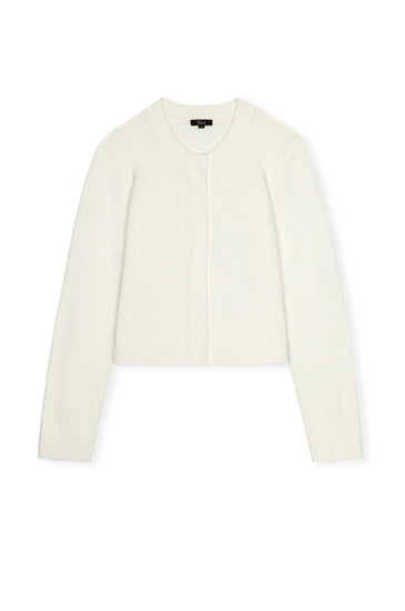 An off-white cropped cardigan sweater with long sleeves and a round neckline, shown flat against a plain white background.