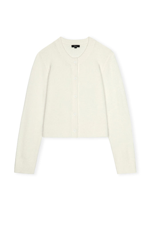 An off-white cropped cardigan sweater with long sleeves and a round neckline, shown flat against a plain white background.