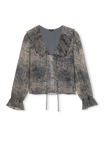 ditsy floral print shirt with ruffle detail at the neck