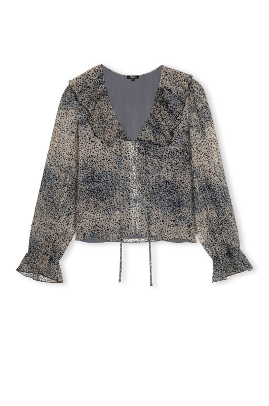 ditsy floral print shirt with ruffle detail at the neck
