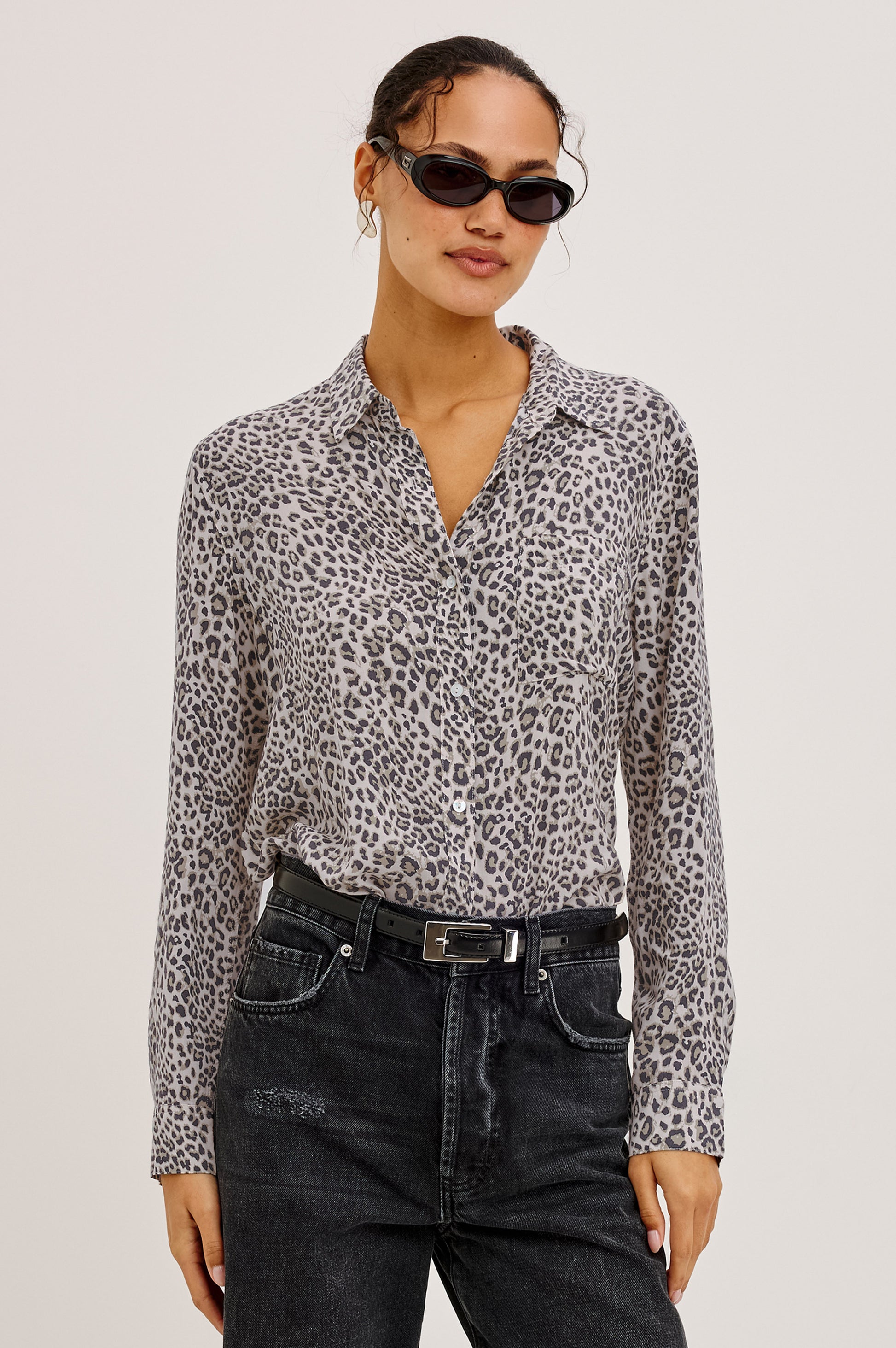 cheetah print shirt worn with black denim