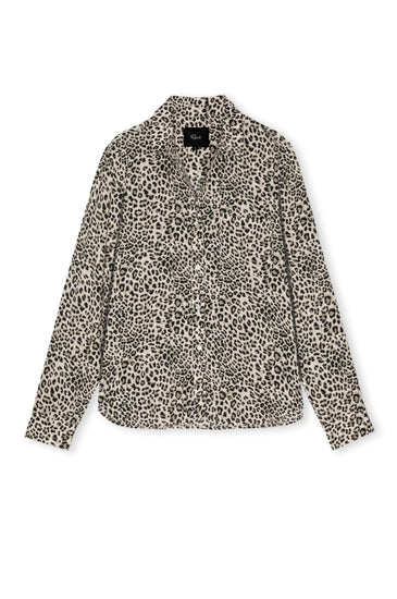 A long-sleeve button-up shirt with an all-over leopard print pattern in black and brown on a light beige background, shown flat against a plain white background.