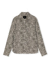 A long-sleeve button-up shirt with an all-over leopard print pattern in black and brown on a light beige background, shown flat against a plain white background.