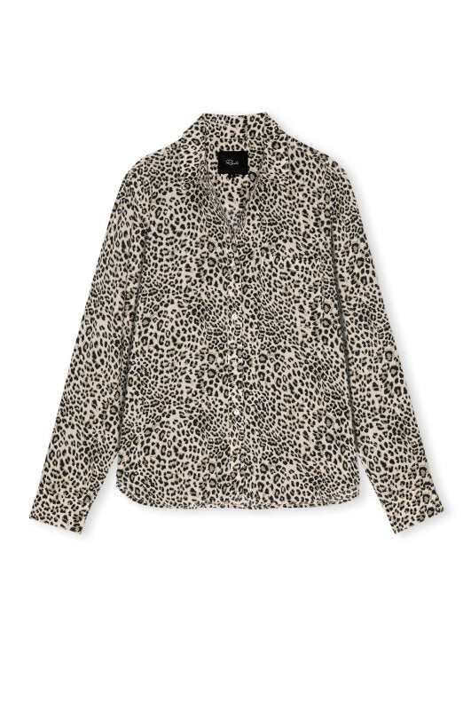 A long-sleeve button-up shirt with an all-over leopard print pattern in black and brown on a light beige background, shown flat against a plain white background.