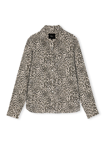 A long-sleeve button-up shirt with an all-over leopard print pattern in black and brown on a light beige background, shown flat against a plain white background.