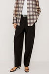 black trousers worn with a kitten heel and a checked shirt