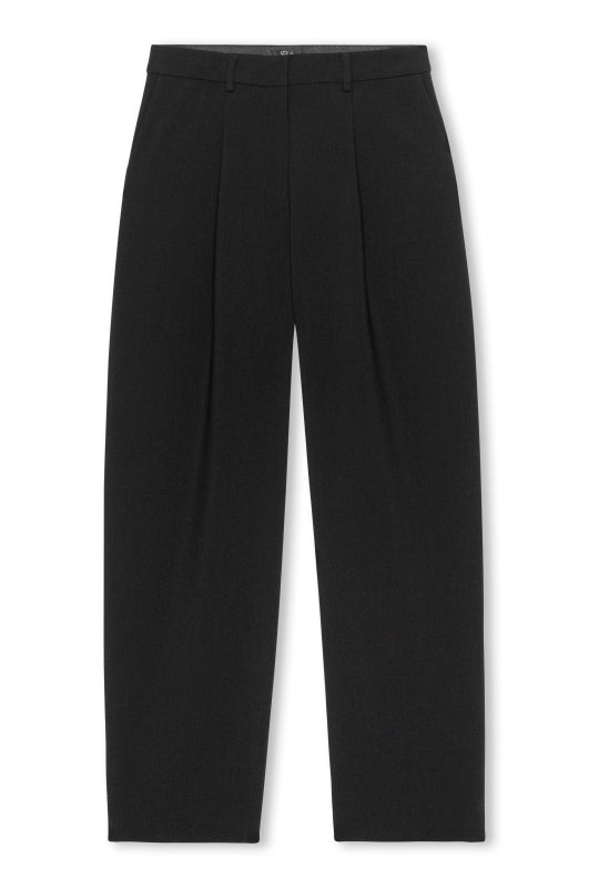 Black wide-leg cropped trousers with front pleats, shown flat against a white background.