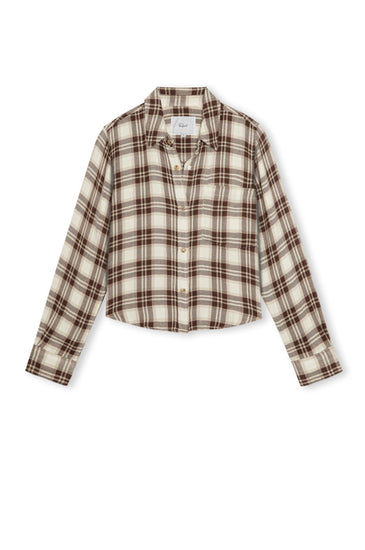 A cropped long-sleeve button-up shirt in a brown and beige plaid pattern, displayed flat against a plain white background.