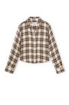 A cropped long-sleeve button-up shirt in a brown and beige plaid pattern, displayed flat against a plain white background.