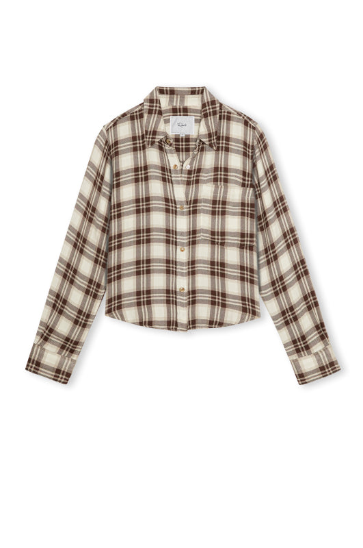 A cropped long-sleeve button-up shirt in a brown and beige plaid pattern, displayed flat against a plain white background.