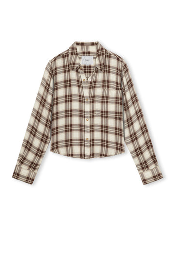 A cropped long-sleeve button-up shirt in a brown and beige plaid pattern, displayed flat against a plain white background.