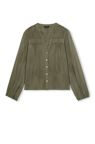 Long sleeve khaki shirt with gathered details across the shoulder.