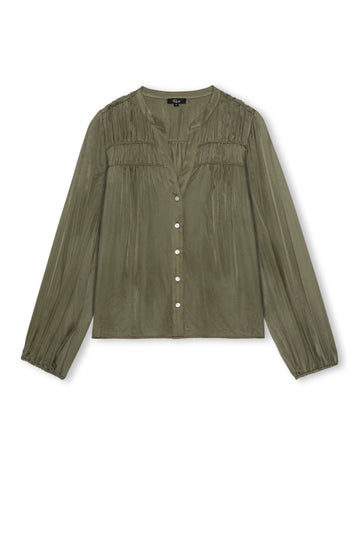 Long sleeve khaki shirt with gathered details across the shoulder.