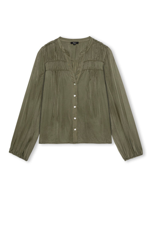 Long sleeve khaki shirt with gathered details across the shoulder.