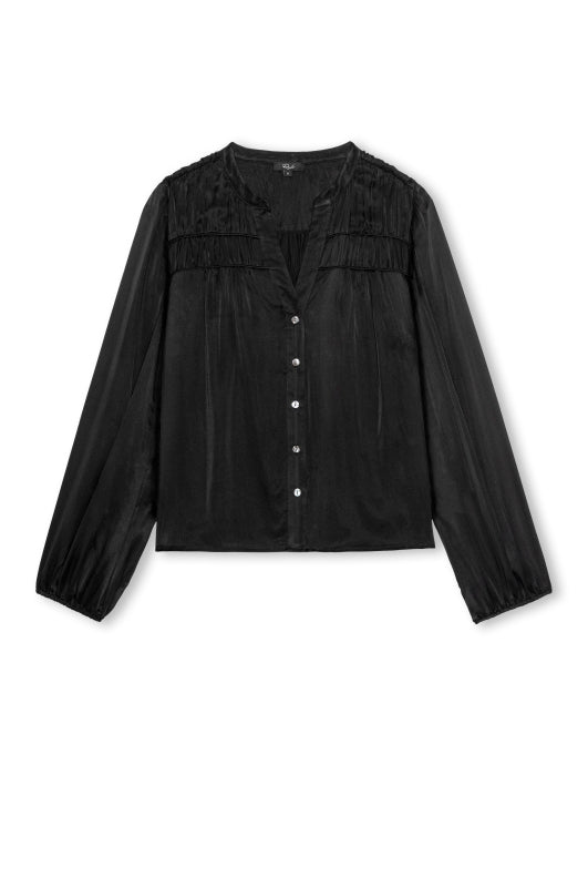A black long-sleeve blouse with a gathered, ruffled yoke across the chest and a button-down front, displayed flat against a white background.