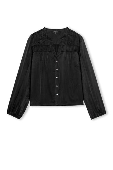 A black long-sleeve blouse with a gathered, ruffled yoke across the chest and a button-down front, displayed flat against a white background.