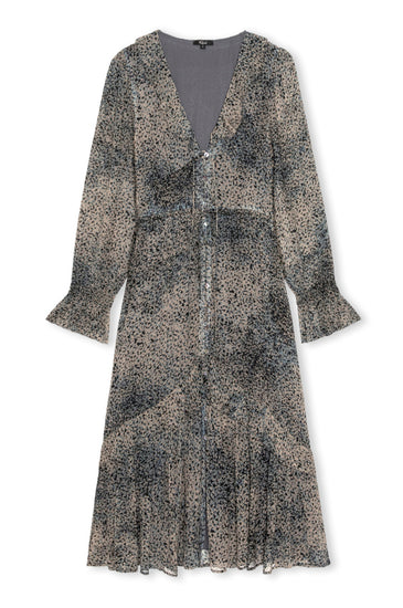 ditsy print blue dress with long sleeves and a ruffle hem