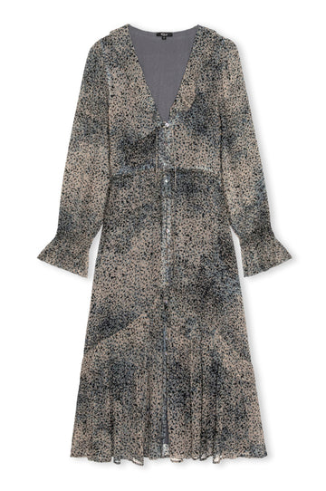 ditsy print blue dress with long sleeves and a ruffle hem