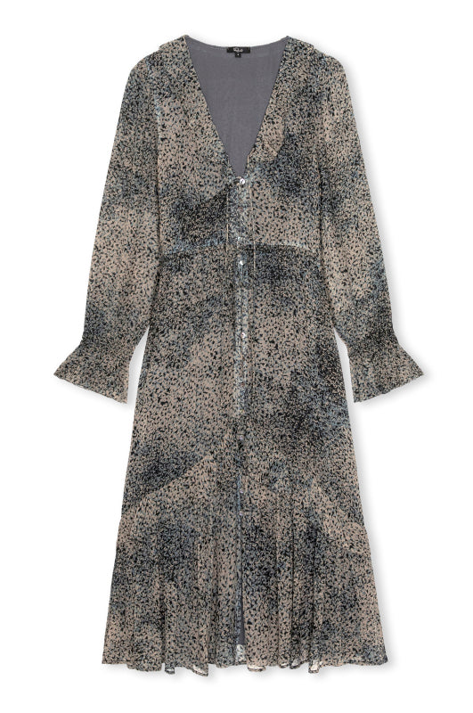 ditsy print blue dress with long sleeves and a ruffle hem