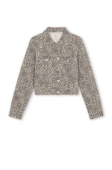 A cropped long-sleeve jacket with a beige and brown leopard print pattern, featuring a button-up front and a pointed collar, shown against a plain white background.