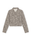 A cropped long-sleeve jacket with a beige and brown leopard print pattern, featuring a button-up front and a pointed collar, shown against a plain white background.