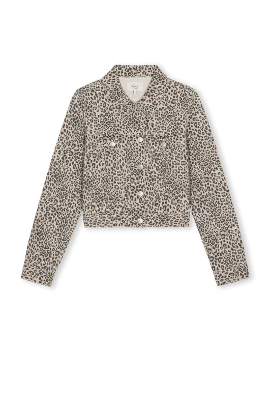 A cropped long-sleeve jacket with a beige and brown leopard print pattern, featuring a button-up front and a pointed collar, shown against a plain white background.