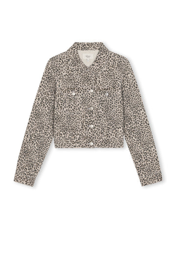 A cropped long-sleeve jacket with a beige and brown leopard print pattern, featuring a button-up front and a pointed collar, shown against a plain white background.