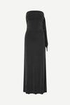 A black strapless maxi dress with a ruched waist and a side tie detail, shown against a plain light gray background.