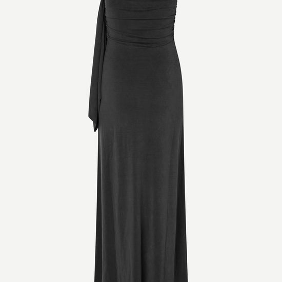 A black strapless maxi dress with a ruched, gathered waist and a draped side detail, shown against a plain light gray background.