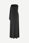 A black strapless maxi dress with a ruched, gathered waist and a draped side detail, shown against a plain light gray background.
