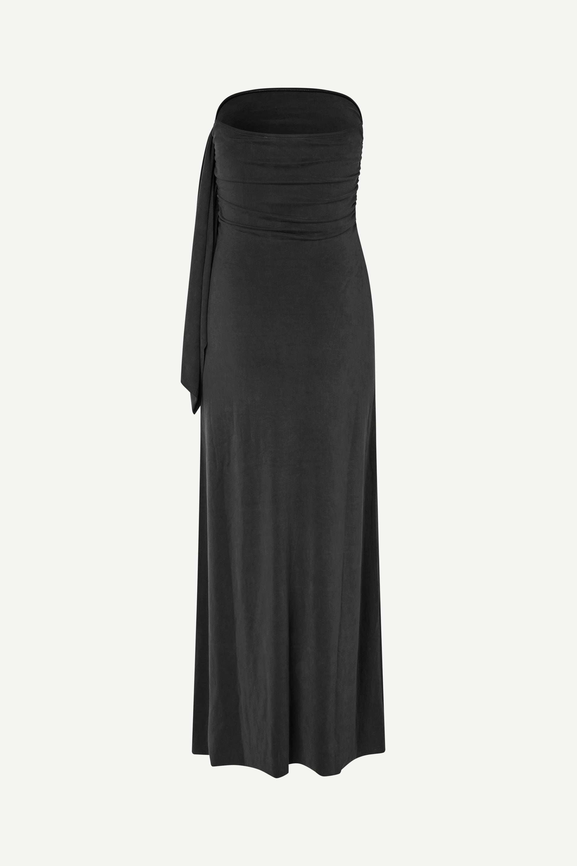 A black strapless maxi dress with a ruched, gathered waist and a draped side detail, shown against a plain light gray background.