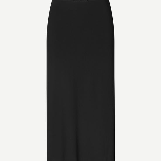 A black midi-length skirt with a subtle sheen, shown flat against a light gray background.