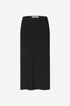 A black midi-length skirt with a subtle sheen, shown flat against a light gray background.