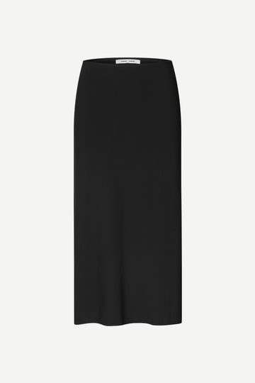 A black midi-length skirt with a subtle sheen, shown flat against a light gray background.