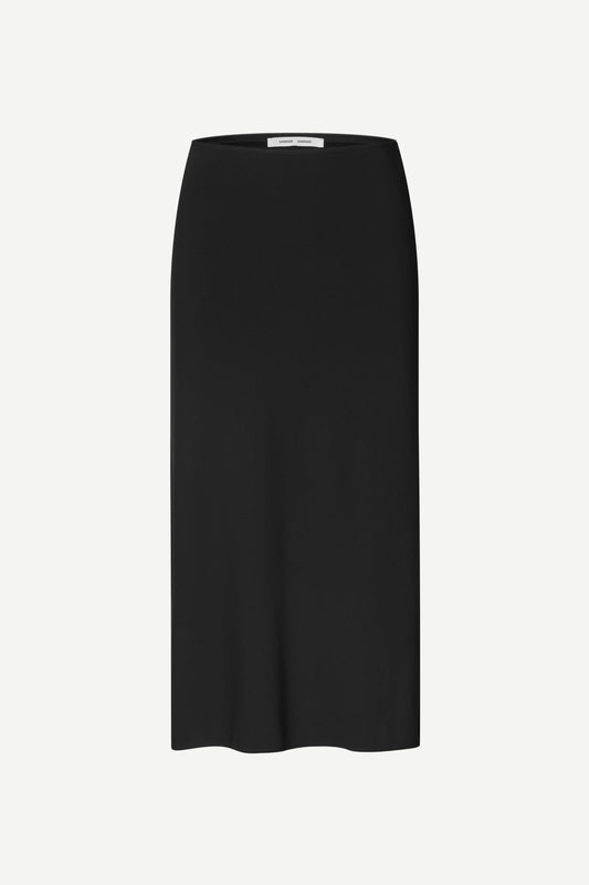 A black midi-length skirt with a subtle sheen, shown flat against a light gray background.