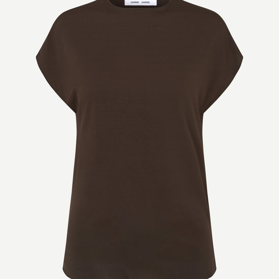 A dark brown short-sleeve crewneck t-shirt with a relaxed fit, displayed on a clean, light off-white background.