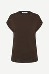 A dark brown short-sleeve crewneck t-shirt with a relaxed fit, displayed on a clean, light off-white background.