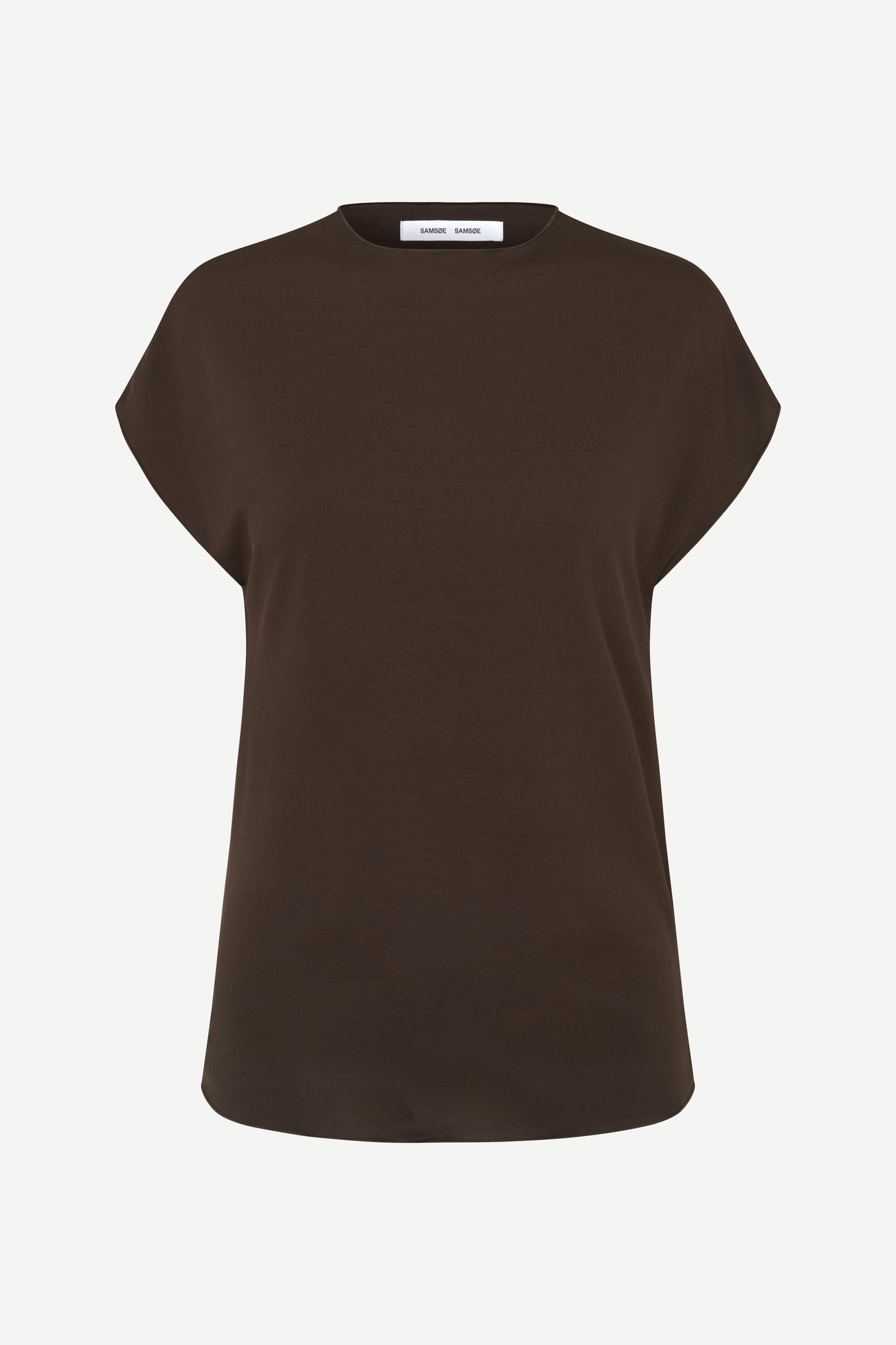 A dark brown short-sleeve crewneck t-shirt with a relaxed fit, displayed on a clean, light off-white background.