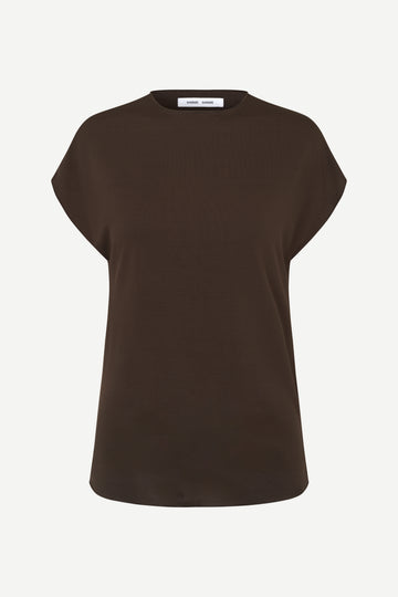 A dark brown short-sleeve crewneck t-shirt with a relaxed fit, displayed on a clean, light off-white background.